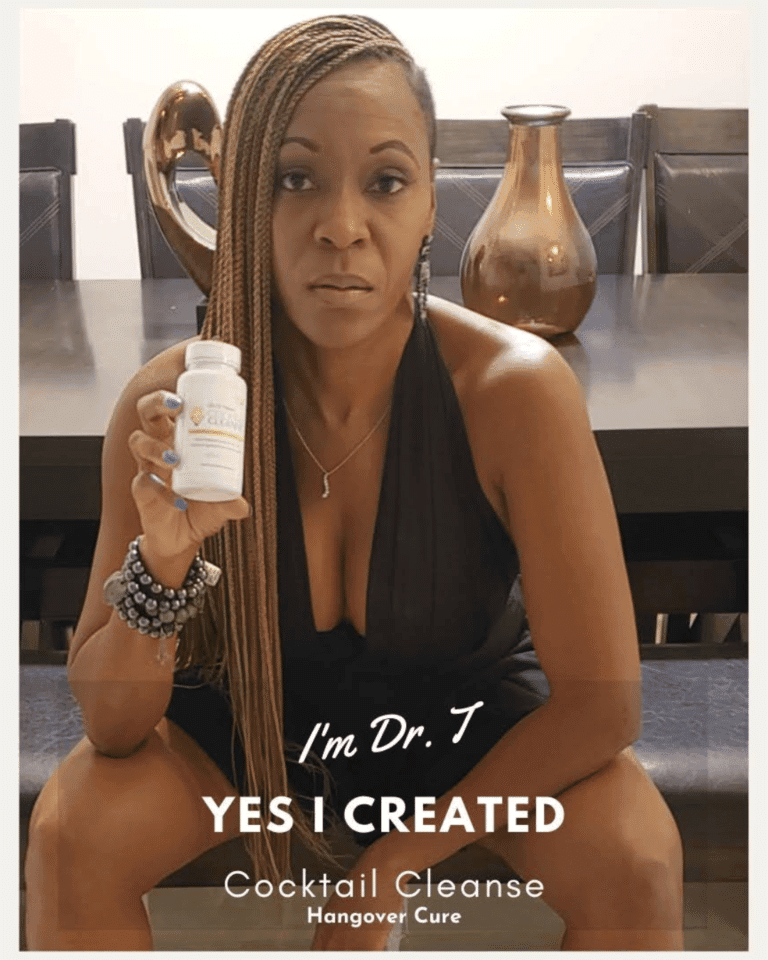 Dr. T, pharmacist and creator of Cocktail Cleanse hangover support supplement, holding bottle designed to replenish nutrients lost during alcohol consumption and support recovery.